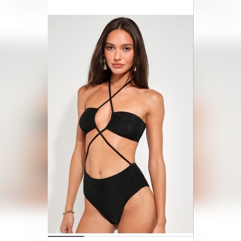 NEW Lulus Miami Vibes black sparkly cut out strappy one piece swimsuit